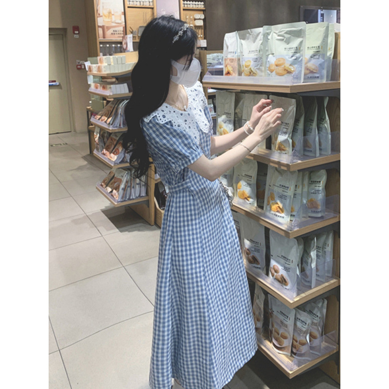 茶歇法式格子连衣裙女夏高级感娃娃领复古气质收腰温柔风初恋长裙|undefined
