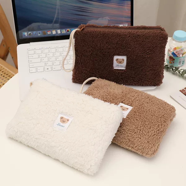 Ins Style Cute Plush Bear Label Storage Bag New Portable Large Capacity Travel Storage Bag Coin Purse