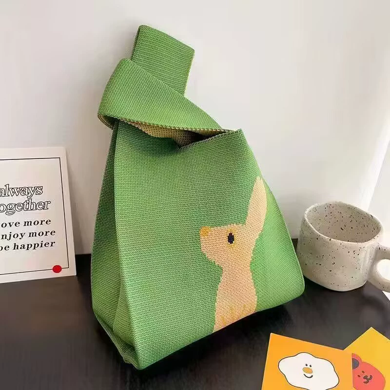 knitted shoulder bag, small handheld organizer purse, rabbit/kangaroo motif, lightweight