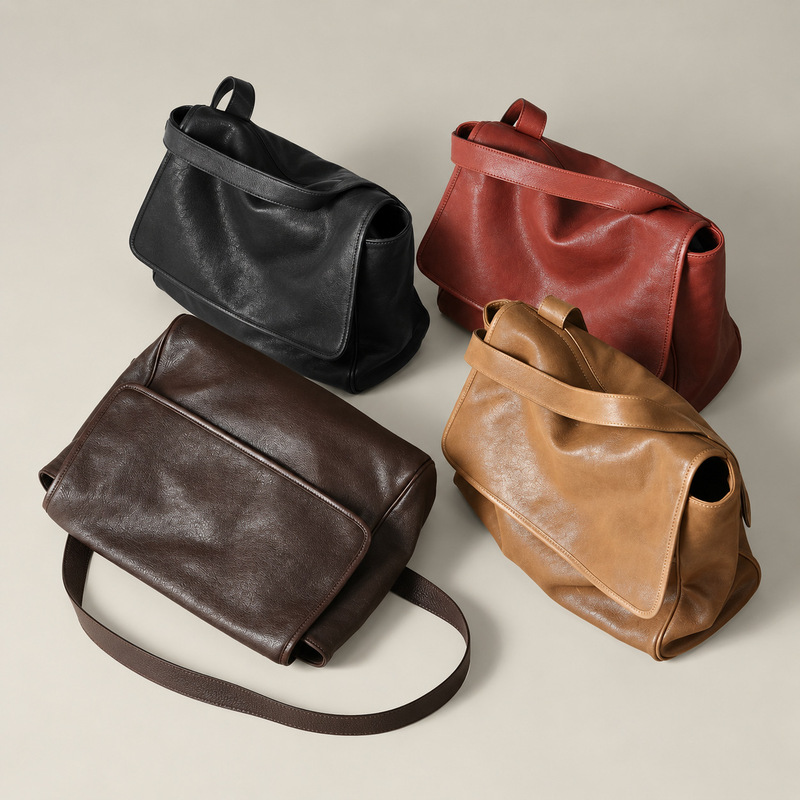 Vegetable-tanned leather messenger bag, a niche and large-capacity shoulder bag, perfect for commuting to work, a versatile and casual women's bag