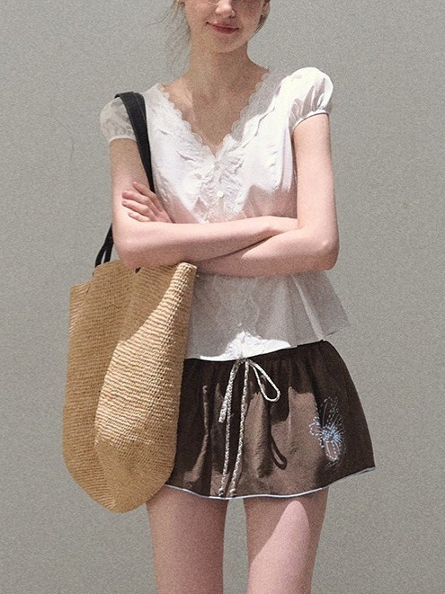 Oakmo 棉蕾丝V领少女感收腰显瘦修身设计感衬衫上衣|undefined
