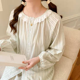 2025春季新款韩版睡衣女花边圆领家居服条纹大码长袖套装可外穿
