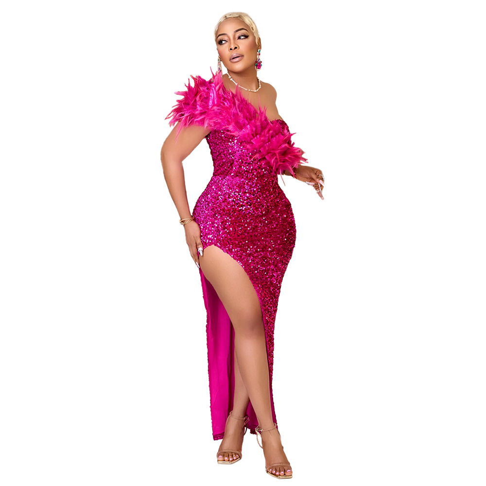 Women's Clothing women's summer sexy fashion feather oblique collar banquet dress skirt sequin slit long skirt_voghion.com