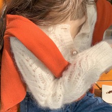 薄款镂空马海毛针织衫开衫新款秋季宽松小香风短款毛衣外套