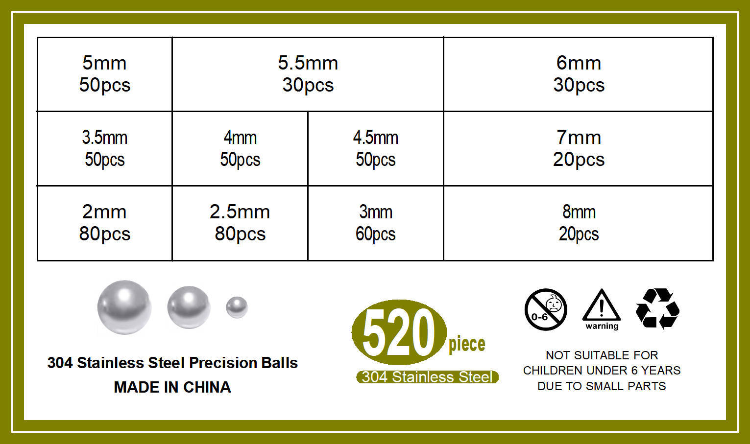 Alta calidad 600 unids acero inoxidable 304 bola de acero 1.0-8.0 combinación en caja traje de comercio exterior transfronterizo