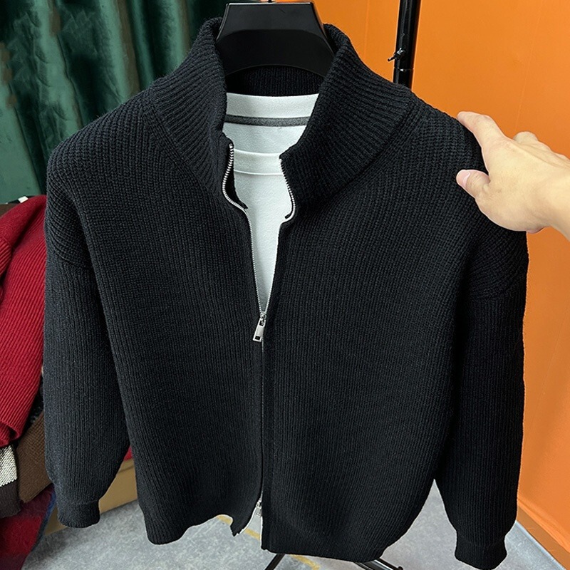 Cross-Border Stand-Up Collar Double-Zip Cardigan Sweater for Men, Popular Autumn and Winter Solid Color Knitwear, Versatile Slim-Fit Woolen Jacket