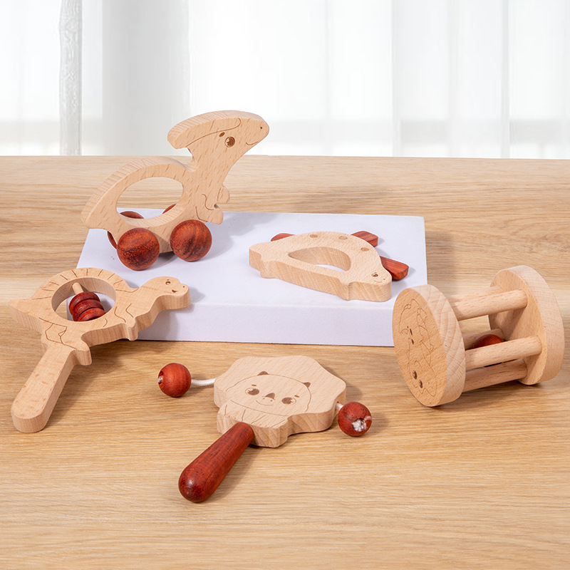 Juego de sonajeros de mano de dinosaurio de madera para bebés, campanas de cama para recién nacidos, música, educación temprana, rompecabezas, instrumentos musicales, juguetes