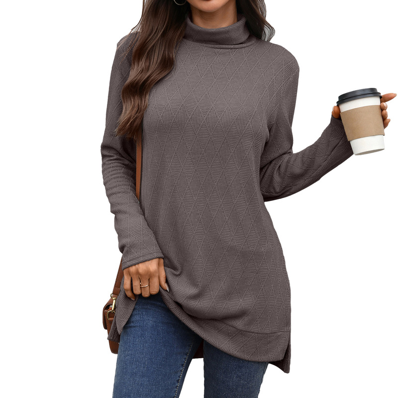 Amazonヨーロッパとアメリカの国境を越えた貿易2025秋冬新作無地ハイカラールーズ長袖スリットTシャツトップス女性用|undefined