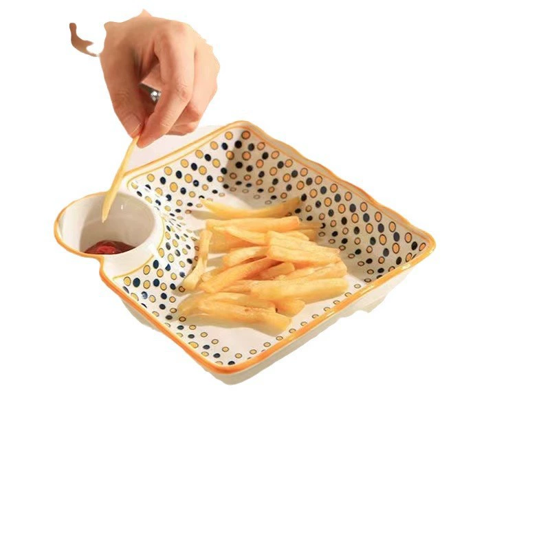 Dumpling Plate Nordic Ceramic Dish, 7.5-inch with Sauce Well, Creative Pattern