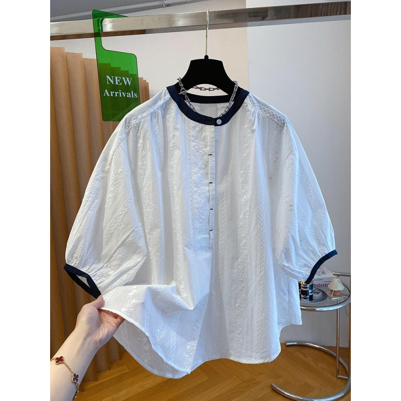白い刺繍パフスリーブシャツレディース半袖2025新しいルーズスリムラウンドネックシャツベビードールシャツトップ夏|undefined