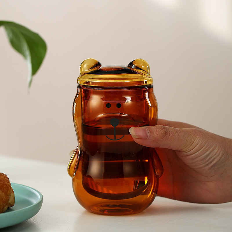 Color de doble capa de vidrio taza de dibujos animados hogar borosilicato vidrio taza de jugo de leche taza de té transparente vidrio oso agua