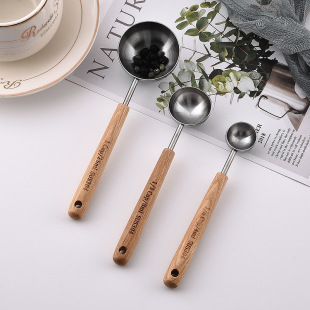 304 stainless steel coffee measuring spoon Fraxinus mandshurica wooden handle baking measuring spoon large and medium size milk powder complementary spoon