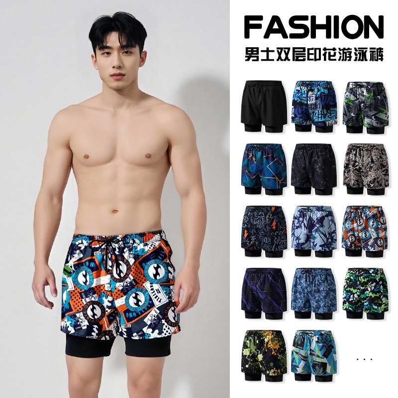 Pantalones de baño de hombre para adultos nuevos anti-vergüenza de doble capa de ángulo plano profesional de secado rápido de moda relajada alta elástica gran tamaño de arena