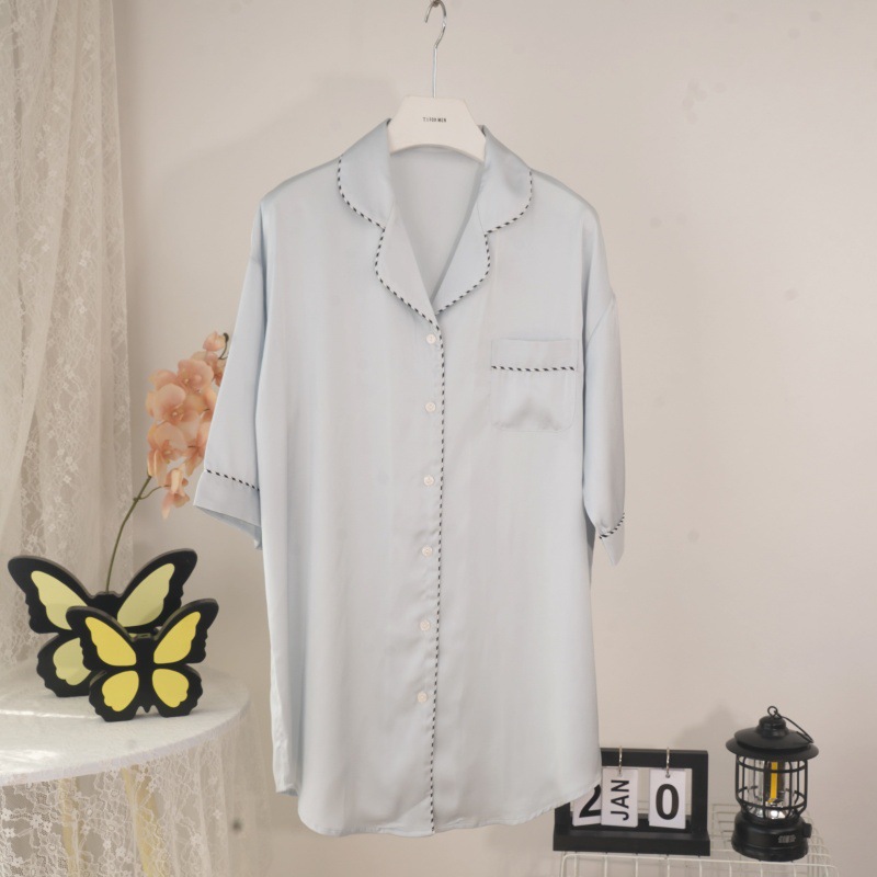 TQ3574 흑백 밑단 셔츠 스커트 라이트블루