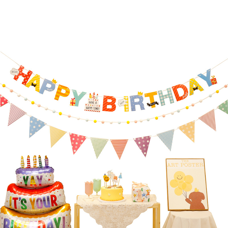 Colorful Happy Birthday Party Decorations Children's Banners Baby Photo Booth Flags Pom Poms And Flag Display for Celebrations_voghion.com