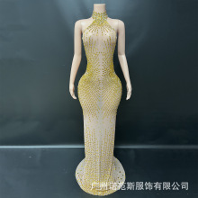 奢华重工金灿灿满钻掐腰拖尾挂脖长裙订婚宴贵气写真生日派对礼服
