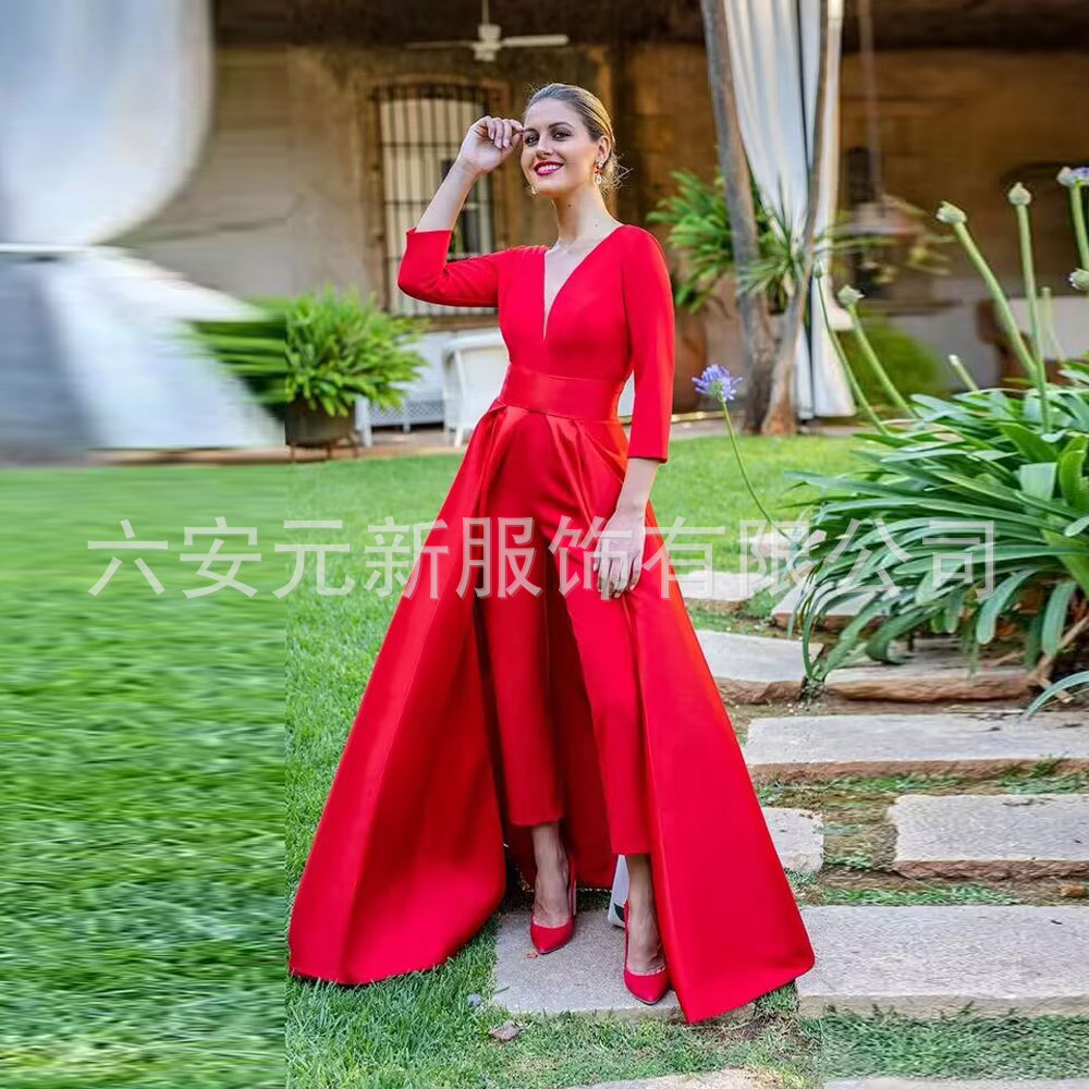 Amazon AliExpress nuevo mono con cuello en V vestido de noche con vestido desmontable pantalones formales traje vestido de fiesta
