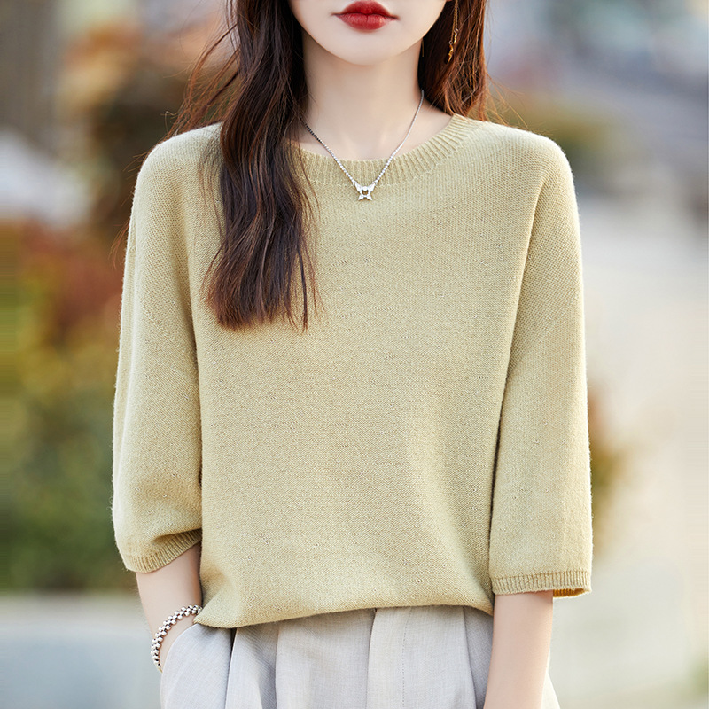 春夏怠惰金豆紗100純毛半袖女性高級セーターtシャツ洋気気質コウモリ五分袖|undefined