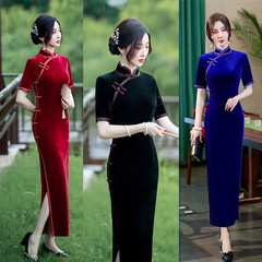 純色絲絨長款側八扣旗袍2023春秋新款夏裝時尚改良中老年女士旗袍
