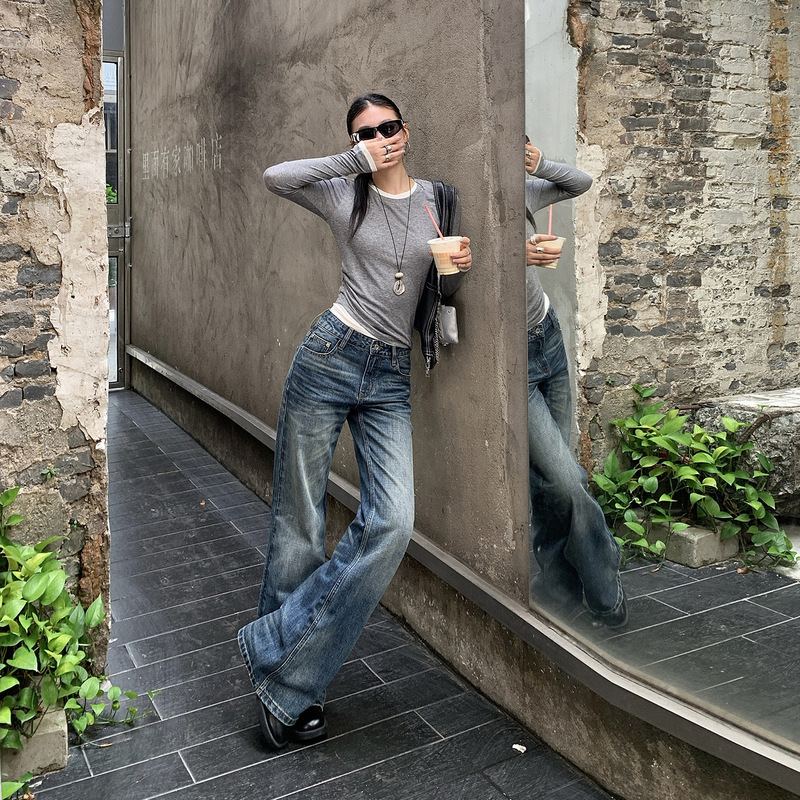 Low-Waist Hot Girl Style Bootcut Pants American Retro Distressed Washed Design Non-Elastic Loose Flared Floor-Length Jeans