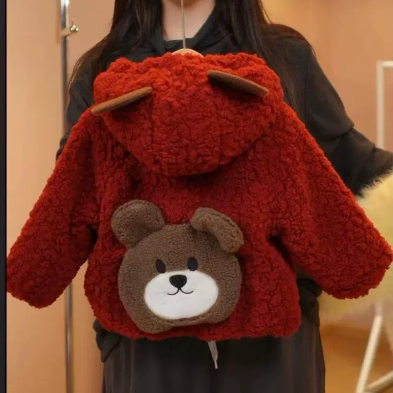 宝宝毛衣外套冬季新款连帽洋气女童红色羊羔绒加绒加厚保暖儿童