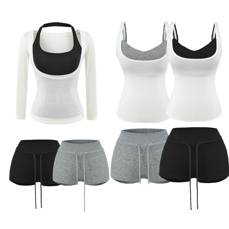 Lyocell Vest, Camisole, Long-Sleeved Top & Shorts Set for Women, Spring and Summer Drawstring Sports Shorts, Three Pieces Lyocell Vest, Camisole, Long-Sleeved Top & Shorts Set for Women, Spring and Summer Drawstring Sports Shorts, Three Pieces