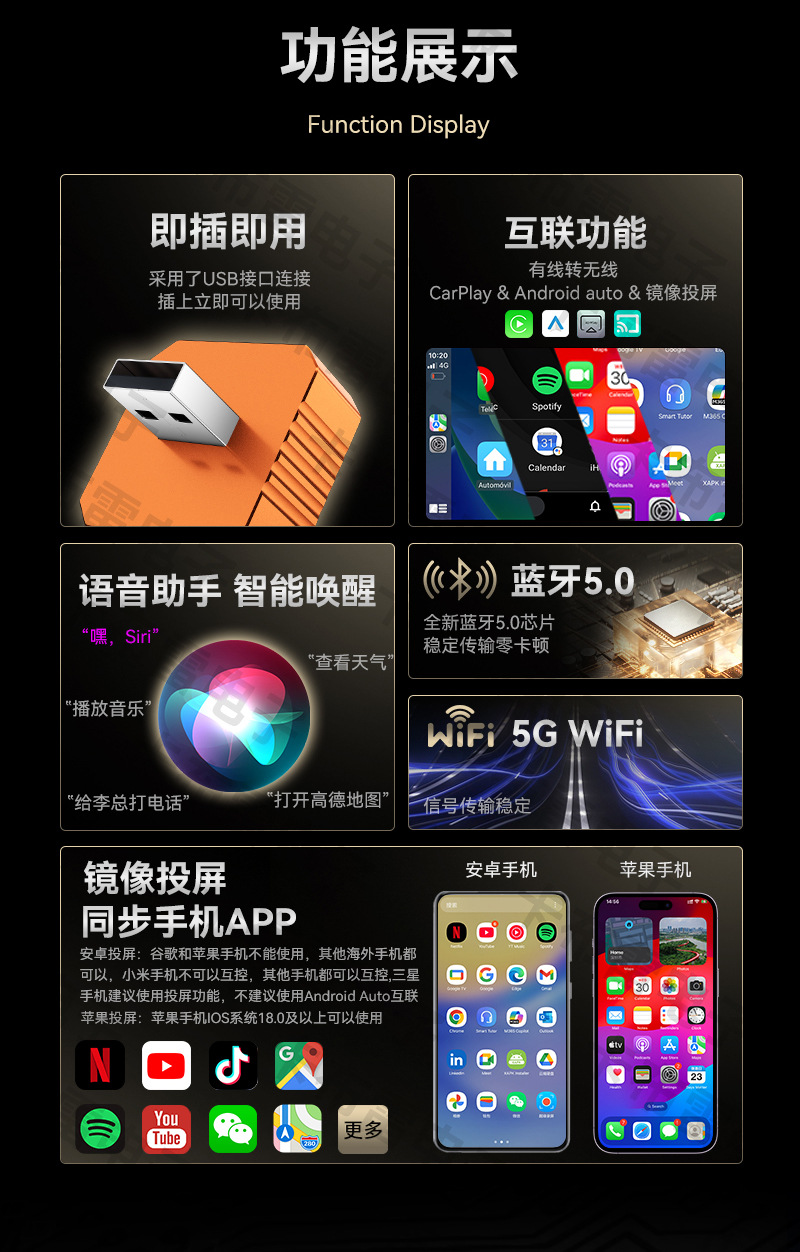 Four-In-One Carplay Smart Car-Machine Connectivity Suitable for Apple and Android Screen Mirroring Wireless Carplay Box