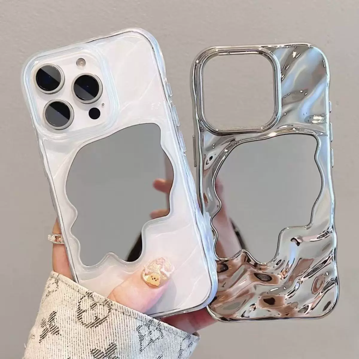 电镀波纹镜子手机壳适用苹果16/15iphone13MAX华为补妆镜保护壳