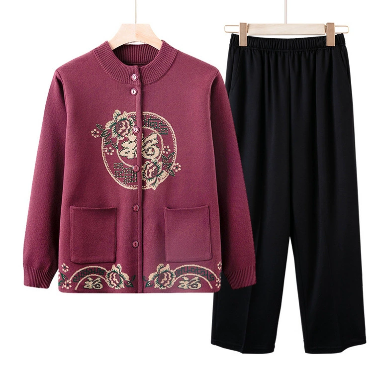 Мама новый свитер кардиган для пожилых людей осенний костюм трикотажный топ пожилая одежда бабушка костюм из двух частей