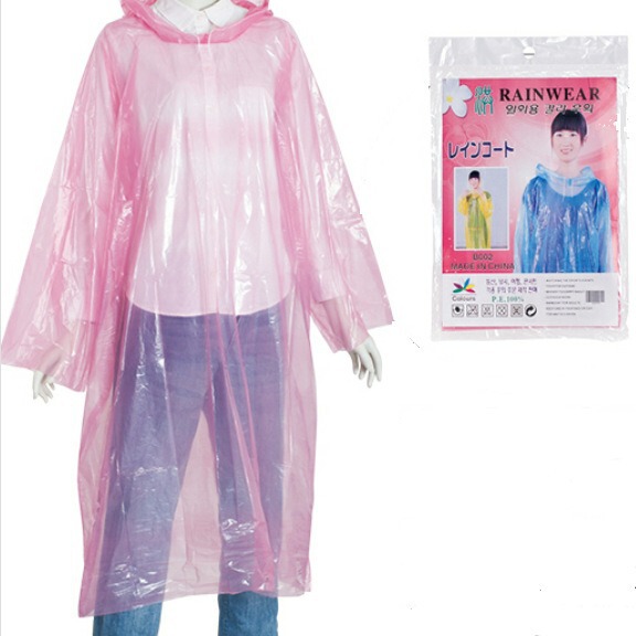 Disposable Pe Hiking Raincoat with Hood, Drawstring, Rubber Band, Plastic Coverall Raincoat, Rain Coat