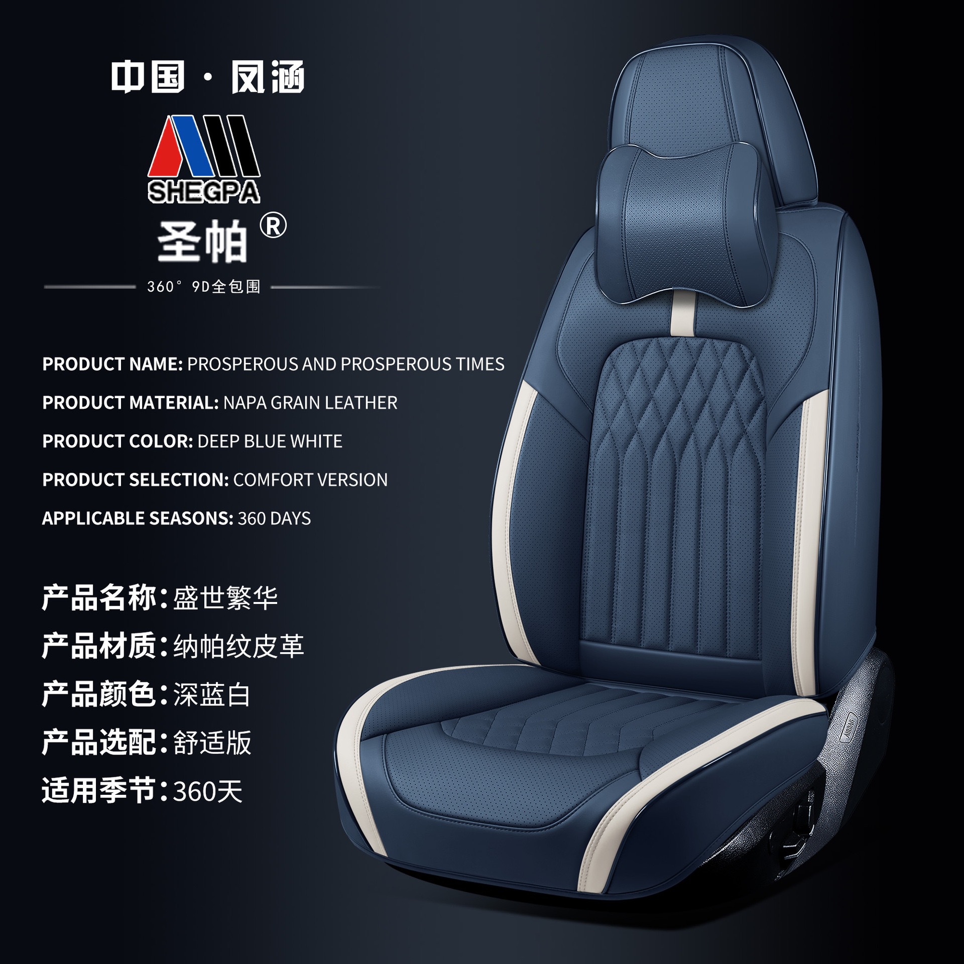 Universal Universal 3D Nappa Leather Car Seat Cover Full Set (Seat cushion, seat cover) - dark-blue-and-white-universal-5-seater