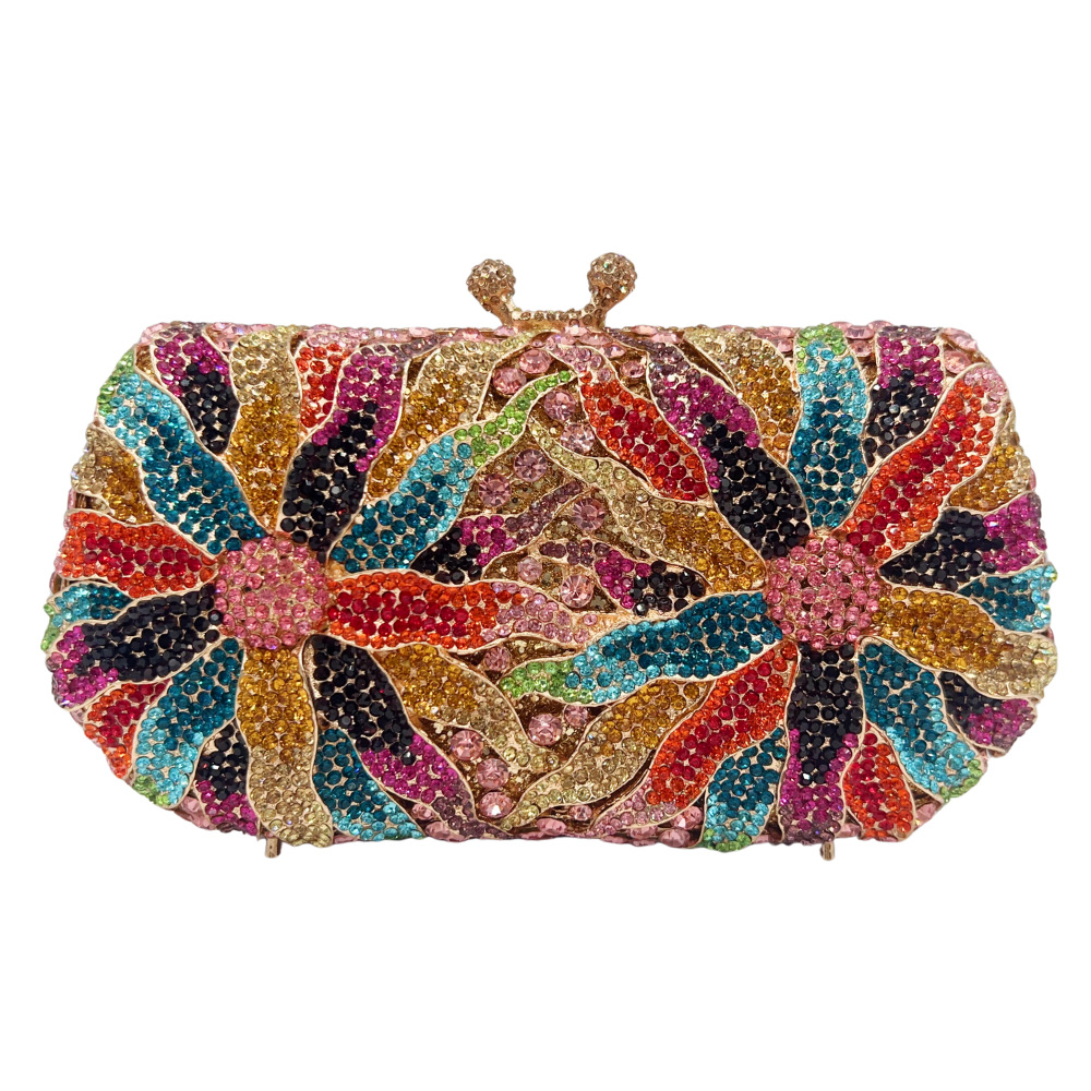Túi clutch nữ dự tiệc đính kim cương hoa cúc, phong cách châu Âu — màu vàng, màu phấn, màu xanh lá cây
