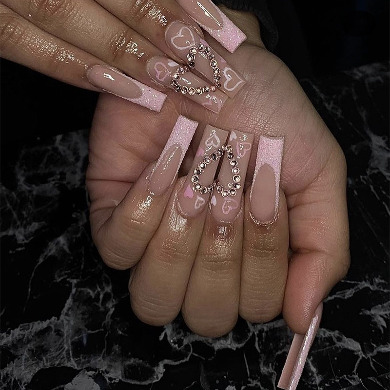 Long water pipe armor French glitter love spell drill wear nail piece European and American nail fake nails wholesale nail