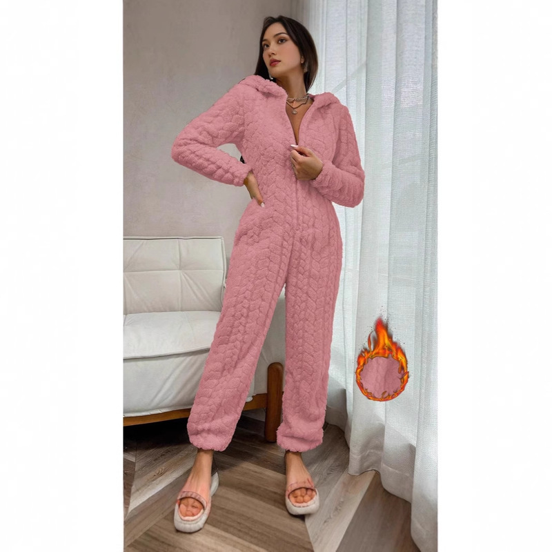 Cross-Border Coral Velvet One-Piece Pajamas for Women in Autumn and Winter New European and American Style Hooded Thickeneded Furry Comfortable Home Clothes Trendy