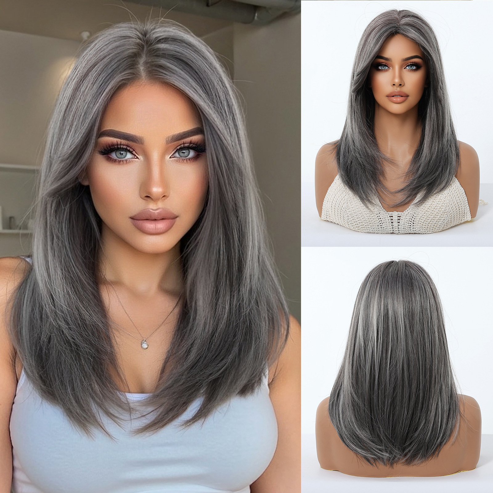 Comercio electrónico transfronterizo venta caliente de verano, peluca refrescante, cubierta de cabeza completa para mujer, pelo hasta los hombros, cubierta de cabeza completa de bobo de estilo europeo y americano