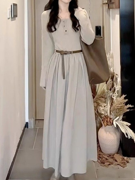法式休闲风气质长袖连衣裙女2025秋冬季新款高级感收腰显瘦中长裙|undefined
