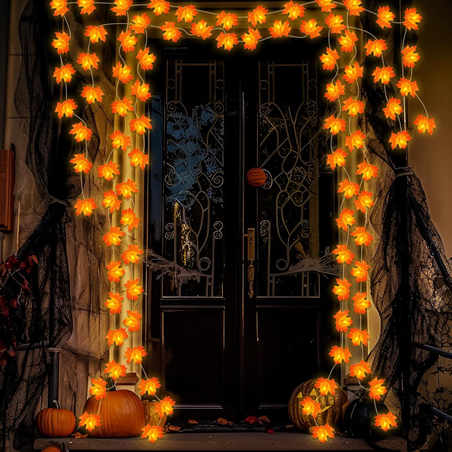 Transfronterizo hoja de arce calabaza LED cadena de lámparas Halloween sala patio decoración de la fiesta lámparas de colores lámparas de cadena de hojas de simulación