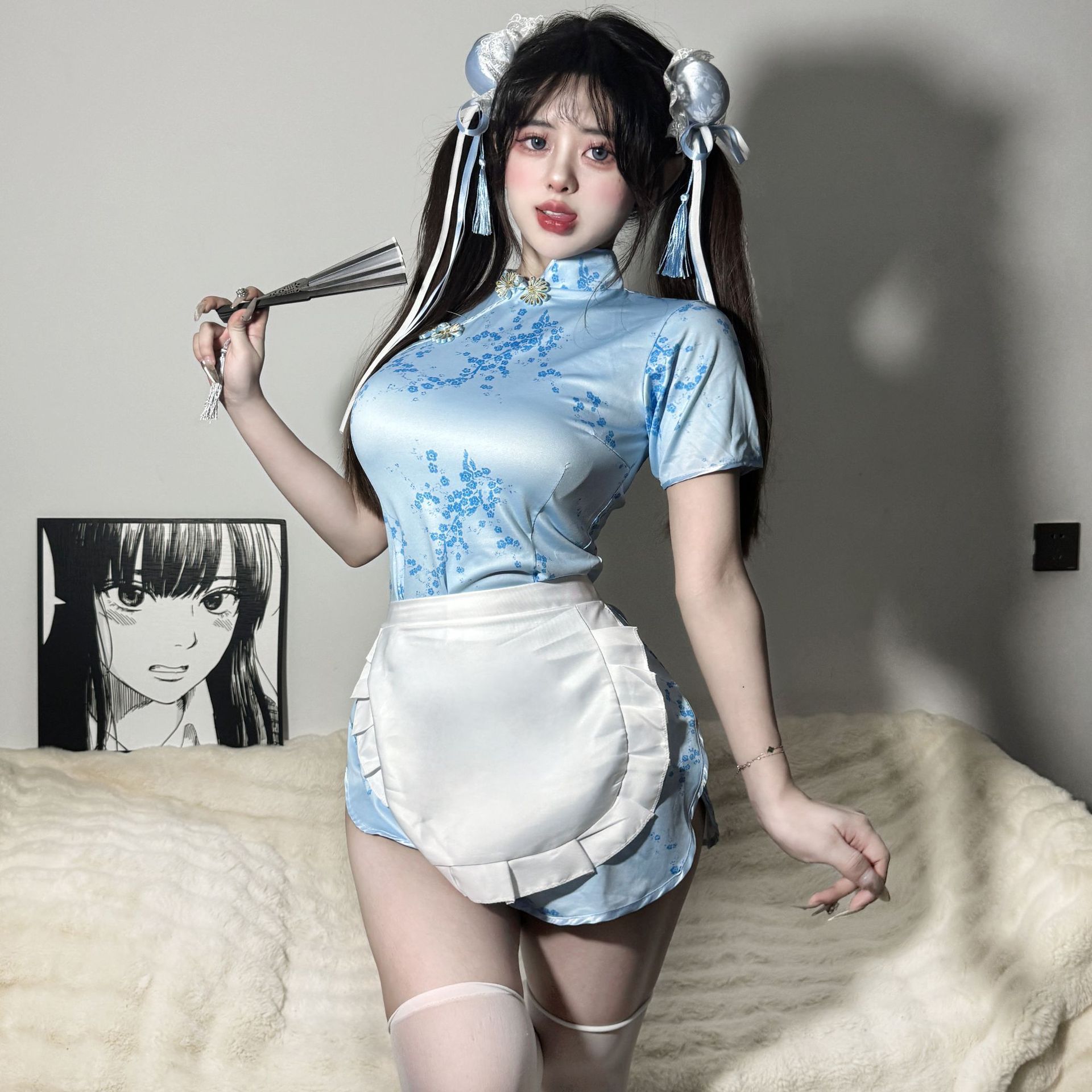 2024 년 새 중국 앞치마 섹시 파자마 종화 니앙 청삼 순수 욕망 레트로 청삼 원피스 홈 잠옷