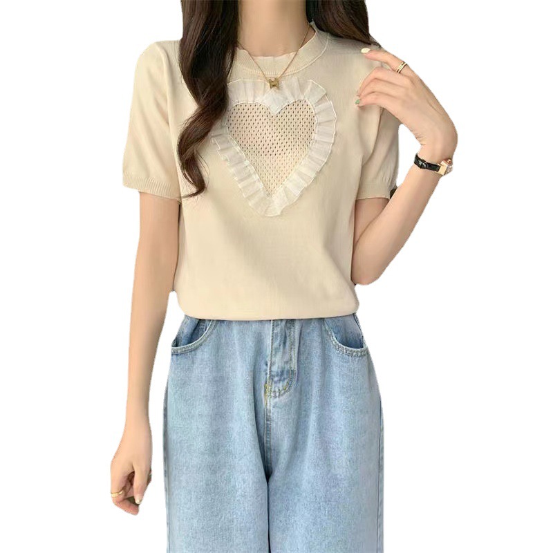 Knitted summer short fresh cute lace design sweater