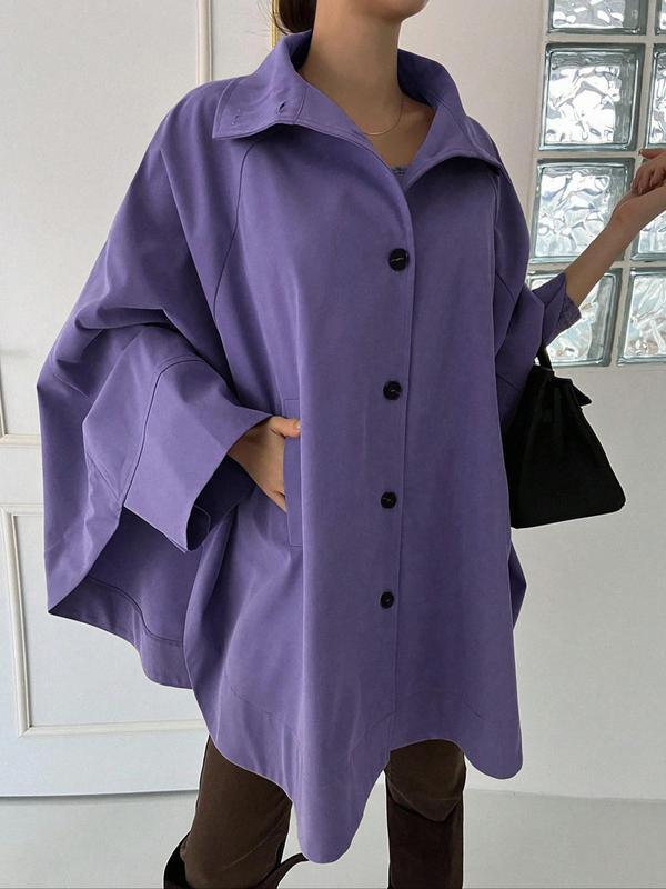 Women's Plain Pocket Button Front Coat Elegant Batwing|undefined