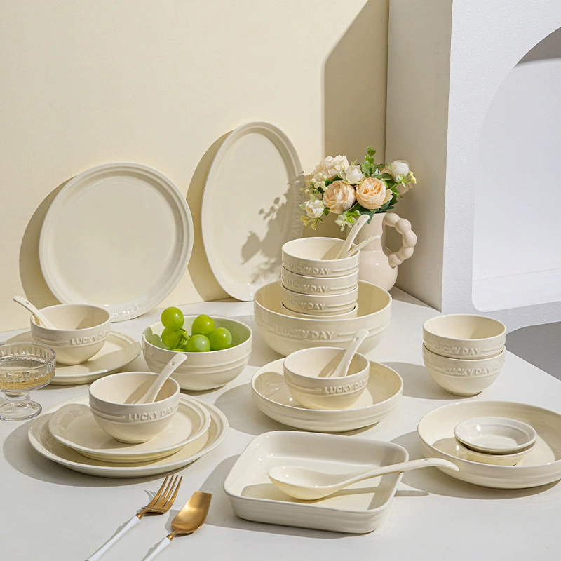 Underglaze color thick bowls and plates for housewarming, high-looking tableware and dishes sets, rice bowls, household simple bowls, spoons, soup bowls and plates
