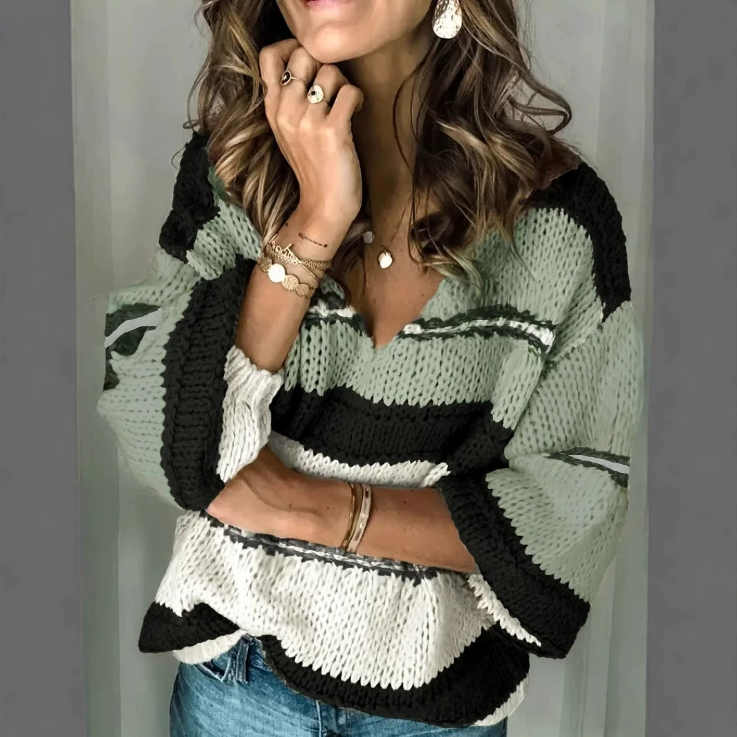 Европейский и американский стиль, женская трикотажная одежда для трансграничной торговли на AliExpress, модный элегантный женский свитер больших размеров в полоску с контрастным дизайном.