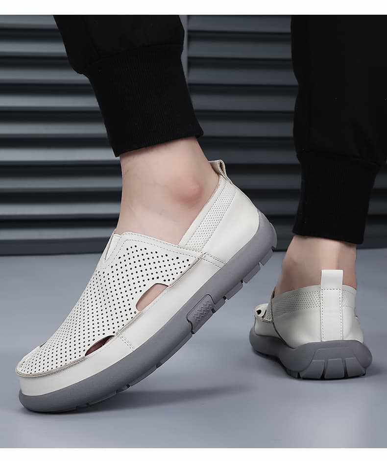 Dép sandal nam da bò đế bằng mũi tròn kiểu lười thoáng khí, đế cao 1 cm — Trắng CB9926-2, Đen CB9926-2 chi tiết 23