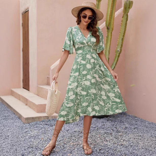 유럽과 미국의 봄 여름 여성 브이넥 허리 꽃무늬 리조트 스타일 중간 길이 면 실크 반팔 드레스 레이온 A 라인 비치 스커트