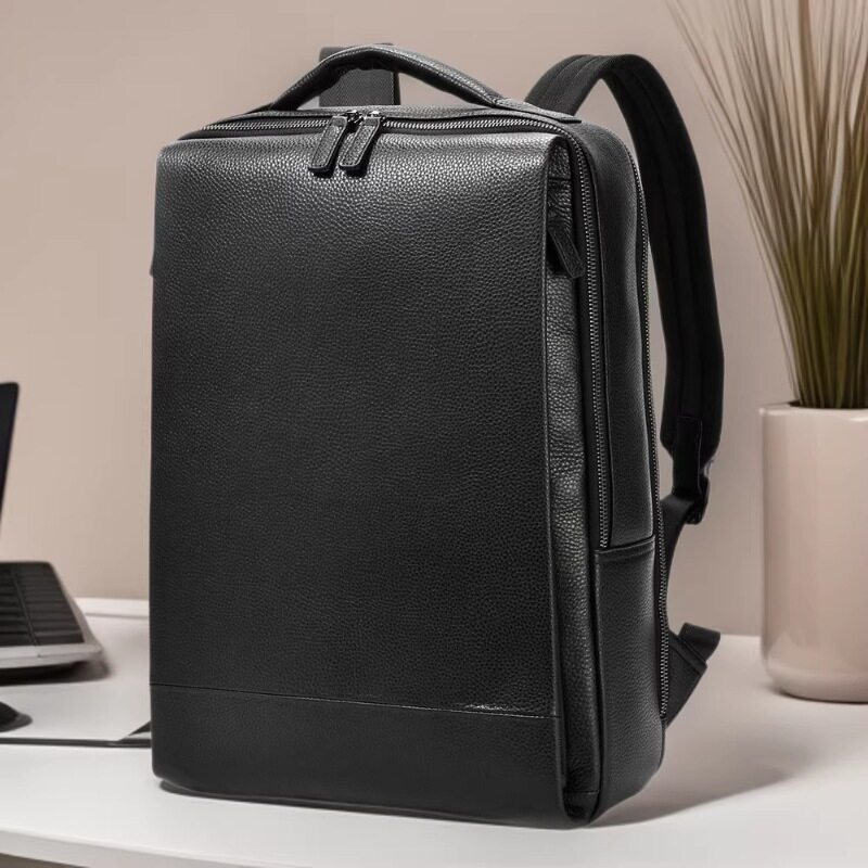 Ba lô nam da bò lớp đầu dung tích lớn đựng laptop 15,6 inch đi công tác — màu đen