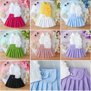 Cross-Border Sleeveless Three-Dimensional Large Flower Decorative Top and Solid Color Pleated Skirt Baby Girl Fashion Suit Source Factory