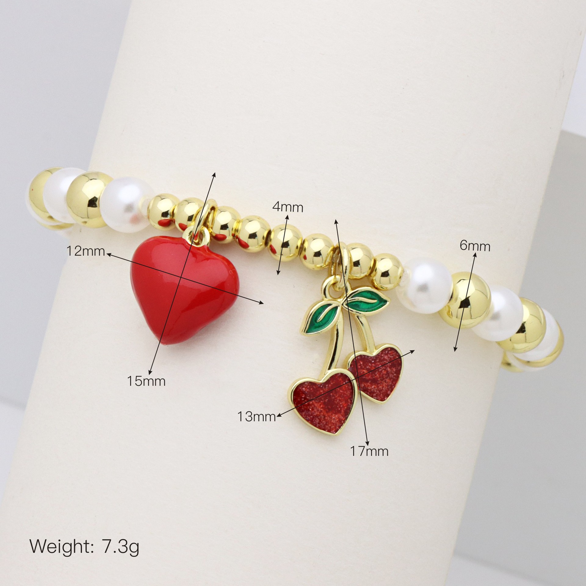 Cherry, Heart Shape Pattern Women's Gender Elegant Vintage Style Cherry Heart Shape Artificial Pearl Copper Ball Chain Beaded Bracelets Wholesale