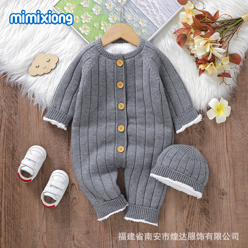 インホット販売ベビーワンピース服無地プラスベルベットロンパーススーツニット男性と女性の暖かい服秋と冬|undefined