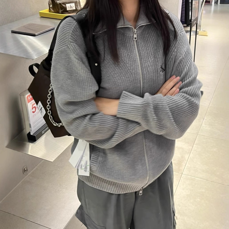 男女同款刺绣立领毛衣 C家潮牌宽松春秋季情侣针织拉链开衫外套|undefined