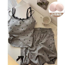 夏天2025年新款吊带+短裤睡衣女甜美蝴蝶结蕾丝花边家居服套装厂